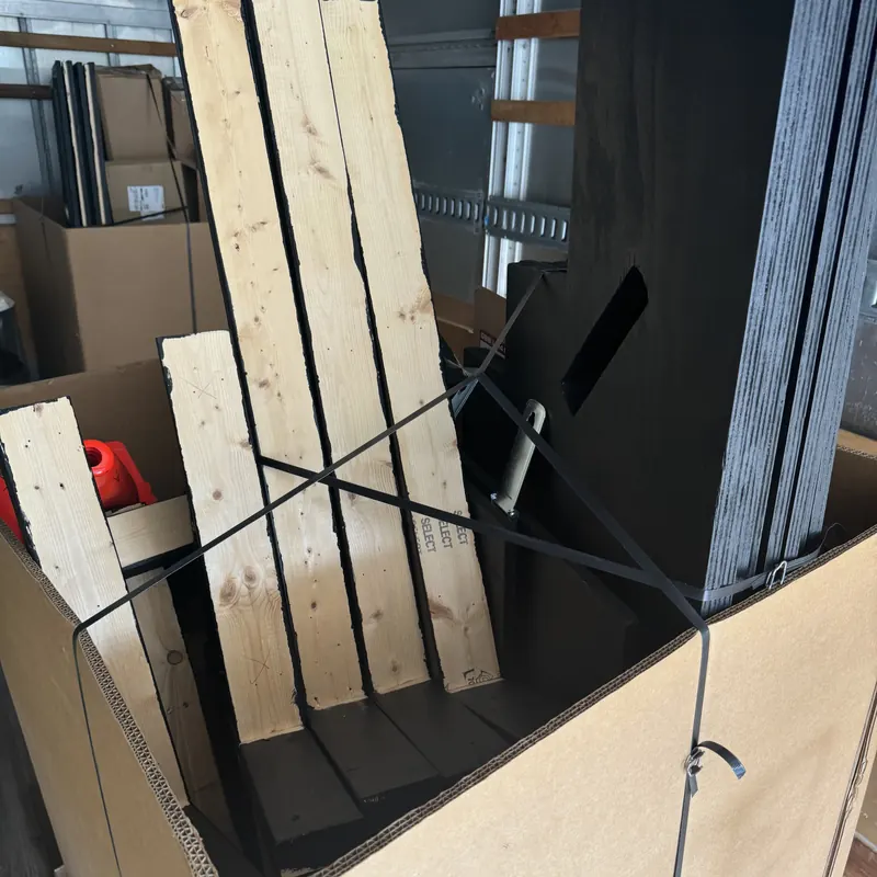 Event staging and set pieces crated for transport