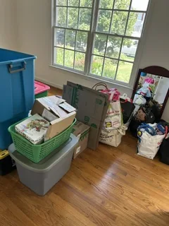Bins and boxes sorted by a window during an organizing job